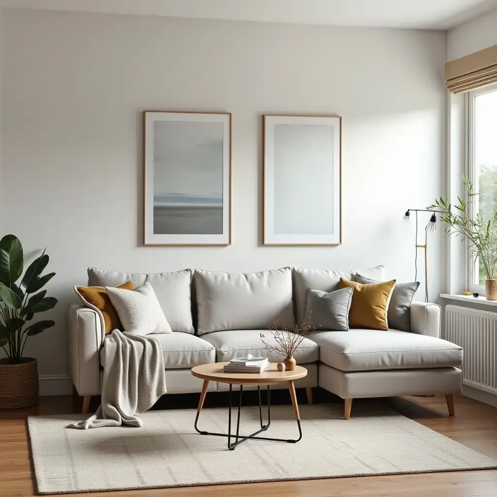 a photo of a small living room with a corner sectional sofa and a stylish area rug