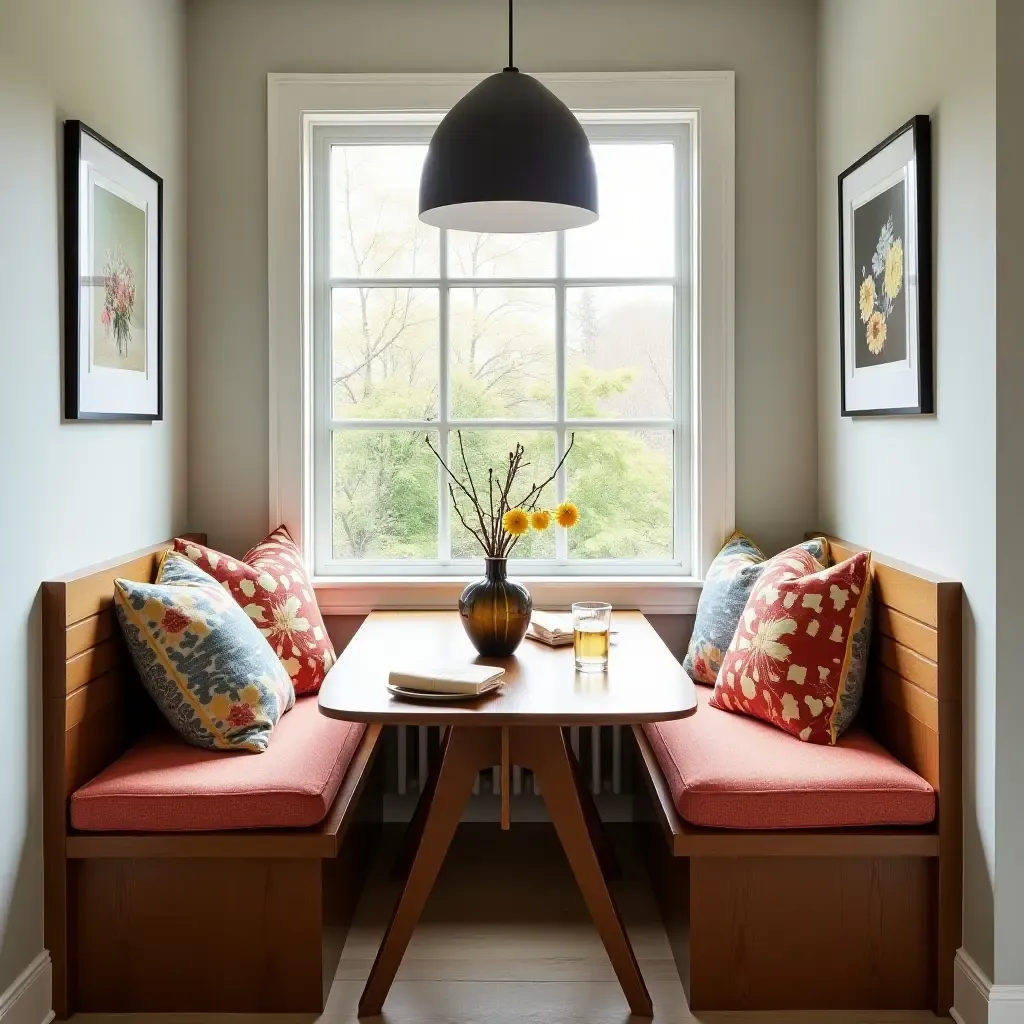 a photo of a cozy breakfast nook featuring a wooden bench and colorful cushions