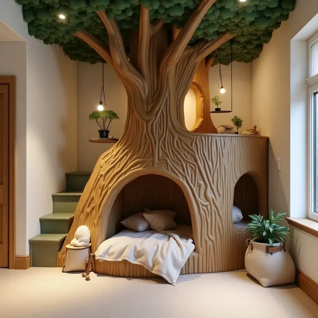 a photo of a basement with a whimsical treehouse play area for children