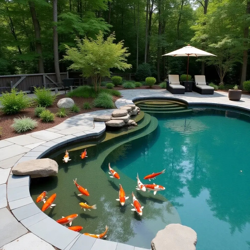 a photo of a serene koi pond integrated with the pool area