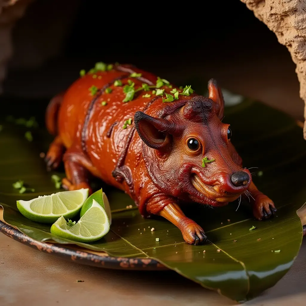 a photo of Yucatecan cochinita pibil, slow-roasted pork, banana leaves, traditional clay oven.