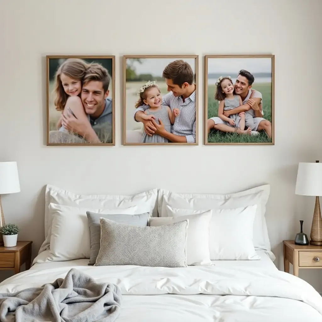 a photo of a personalized photo collage on a bedroom wall