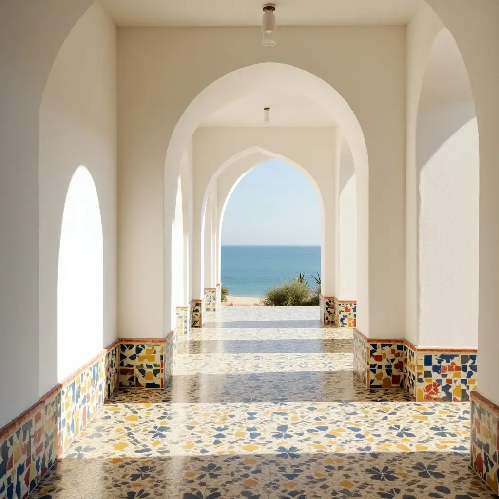 a photo of a sunlit corridor featuring colorful mosaic tiles and whitewashed walls