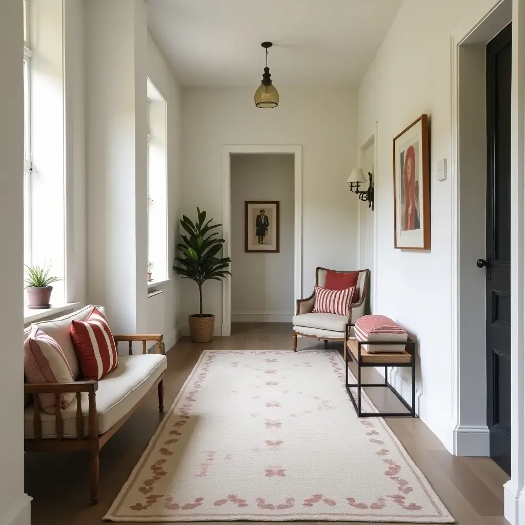 a photo of a stylish corridor featuring throw pillows that match the rug