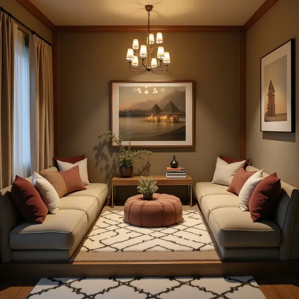 a photo of a cozy basement reading nook with plush pillows and a chandelier