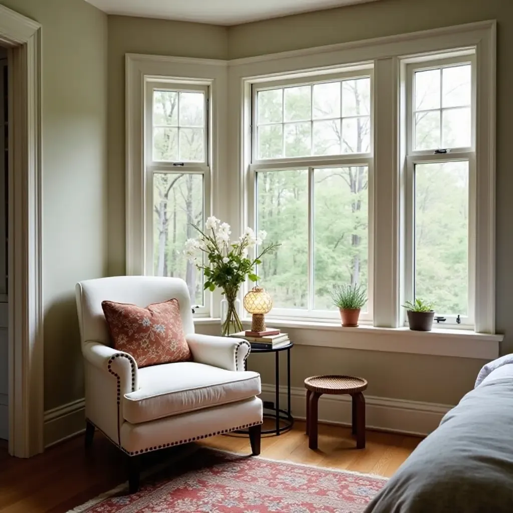 a photo of a cozy reading nook in a farmhouse bedroom with a vintage armchair