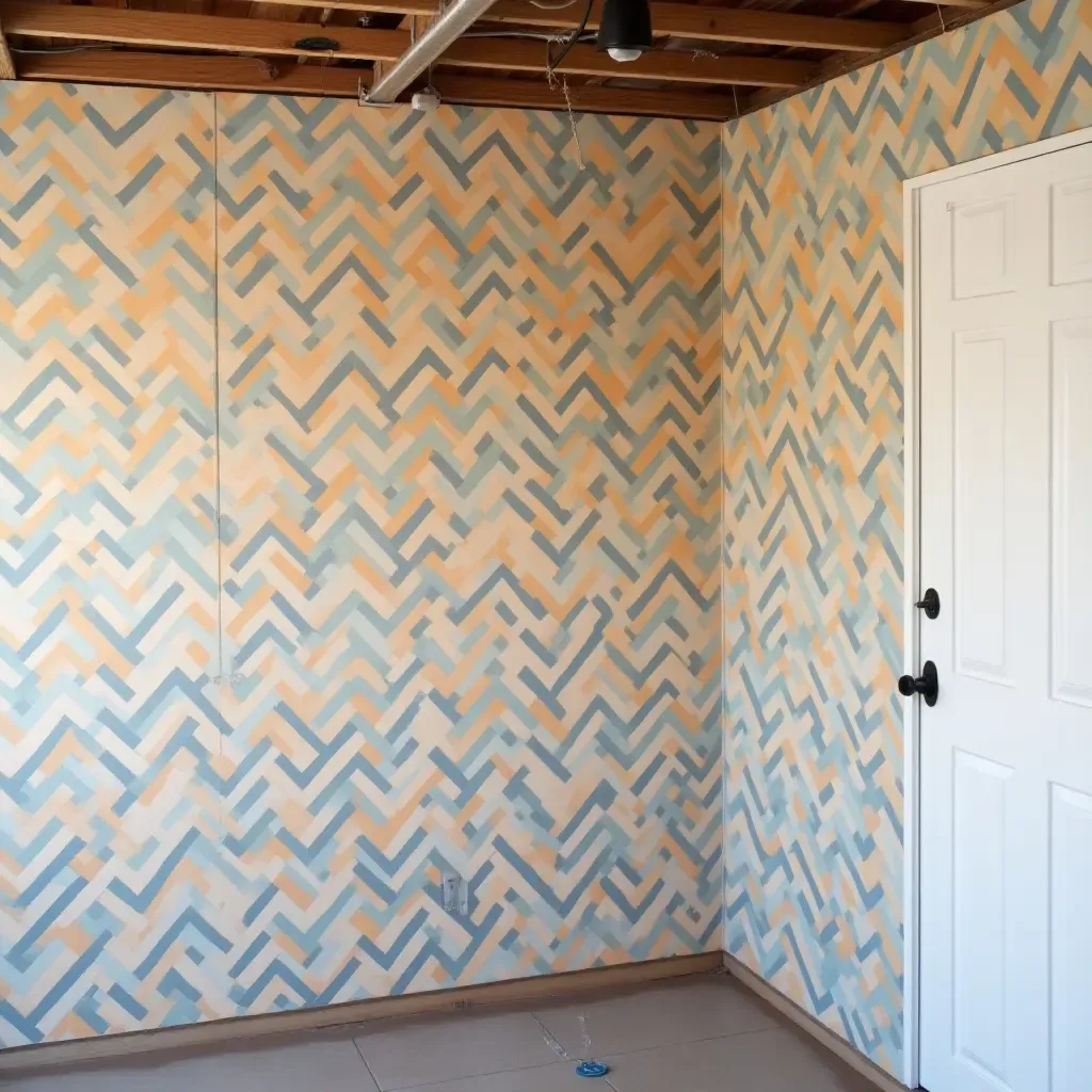 a photo of a basement wall with creative use of washi tape art