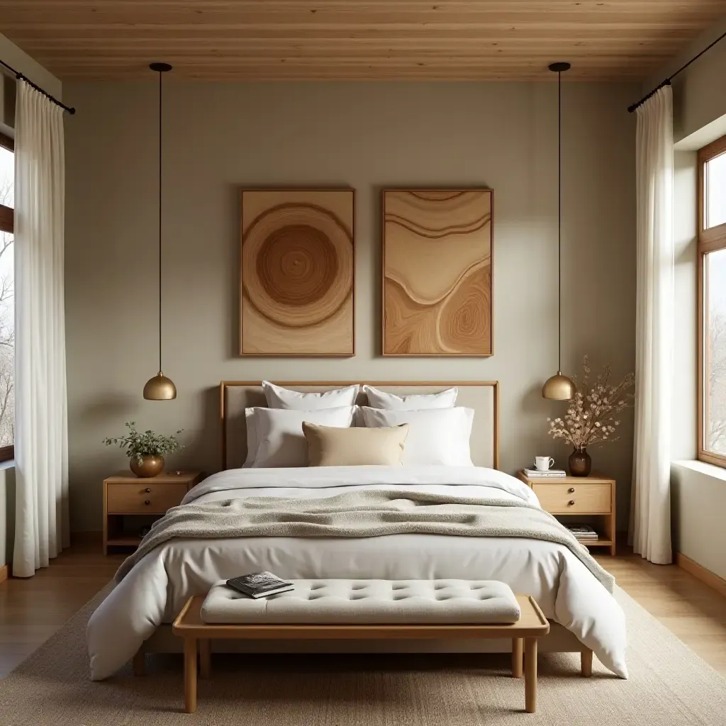 a photo of a warm bedroom with wooden art pieces on walls