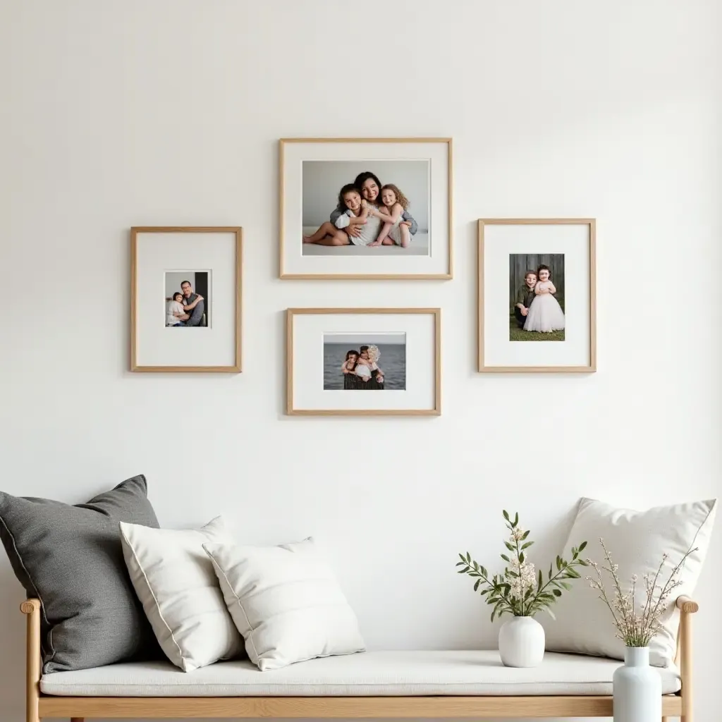 a photo of a gallery wall featuring framed family photos in various sizes