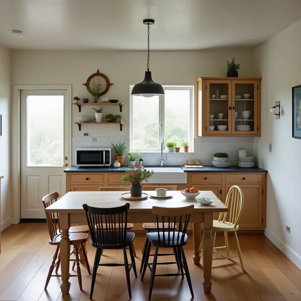 a photo of a vintage-inspired kitchen with a wooden dining table and mismatched chairs