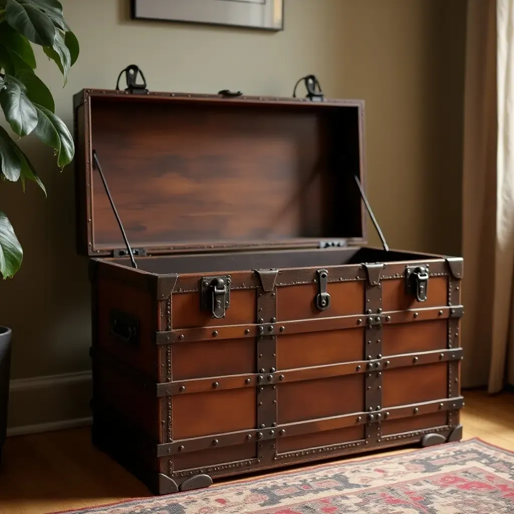 a photo of a vintage trunk used as storage in a basement lounge area