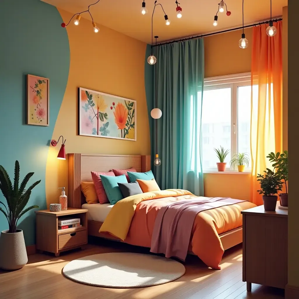 a photo of a whimsical multi-colored bedroom with art supplies