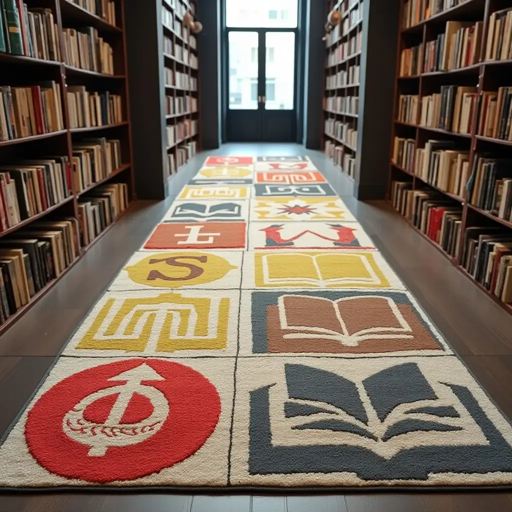 a photo of a bold, graphic rug with literary symbols in a modern library