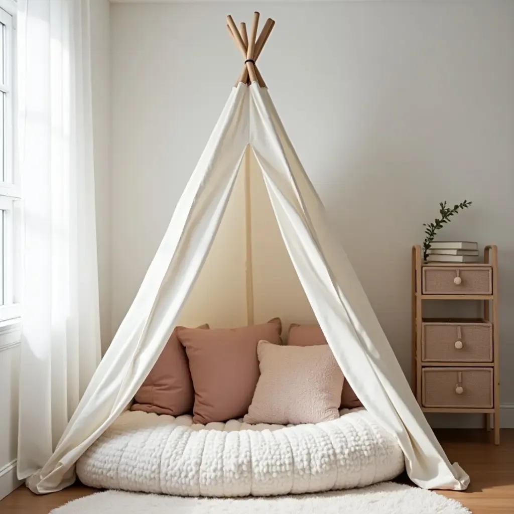 a photo of a nursery featuring a tent-style reading nook with pillows