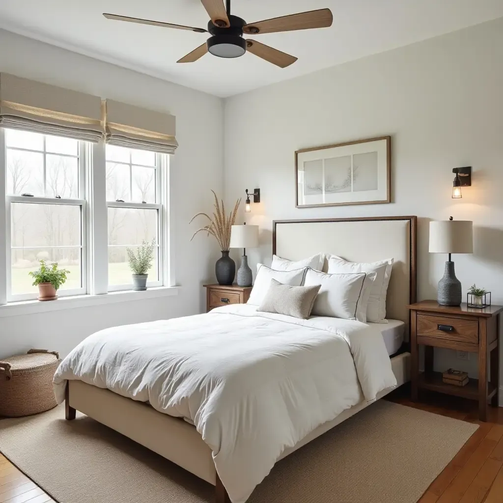 a photo of a cozy farmhouse bedroom with a mix of modern and vintage decor