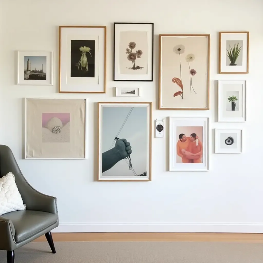 a photo of a wall showcasing a collection of framed art prints from local artists