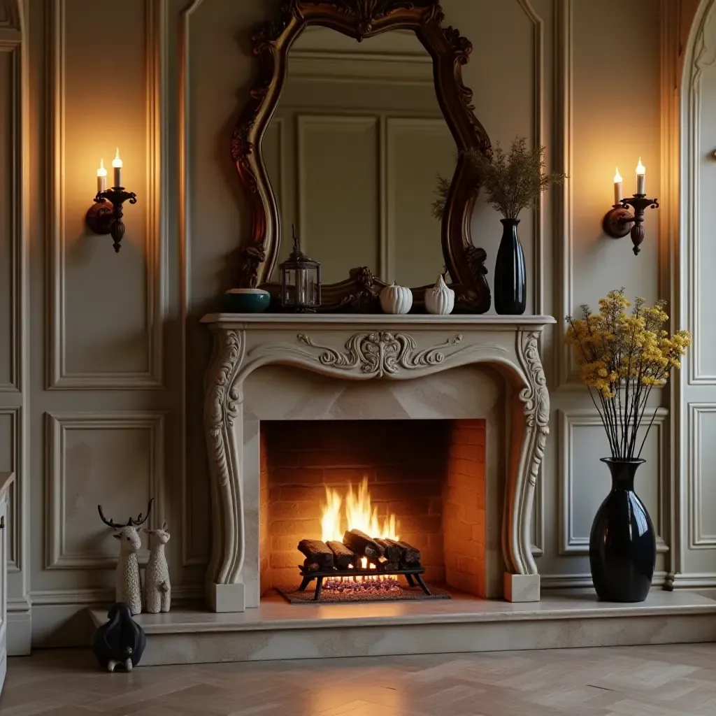 a photo of an ornate mirror reflecting a cozy fireplace on a mantel