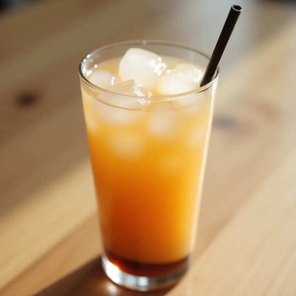 a photo of a glass of sikhye, a sweet Korean rice drink, with ice cubes and a straw.