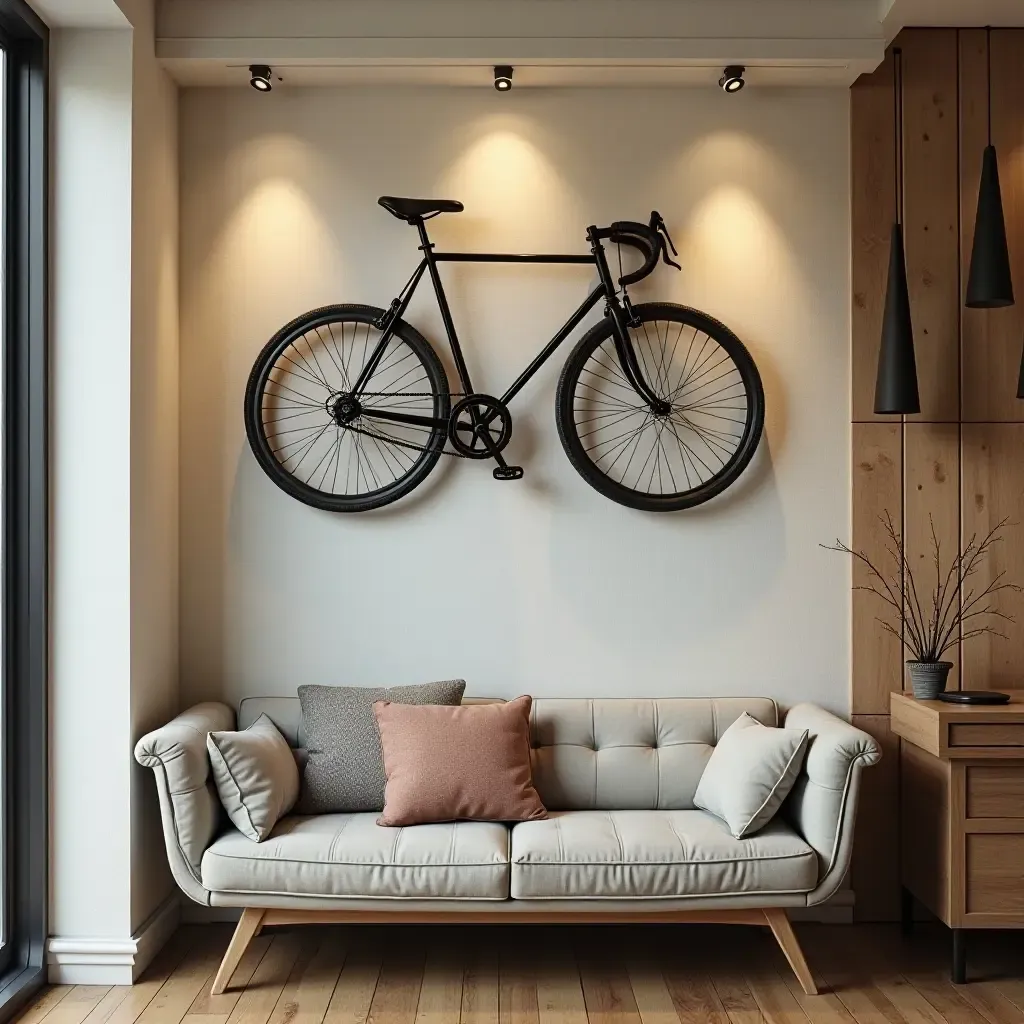 a photo of a vintage bicycle as wall art in a basement