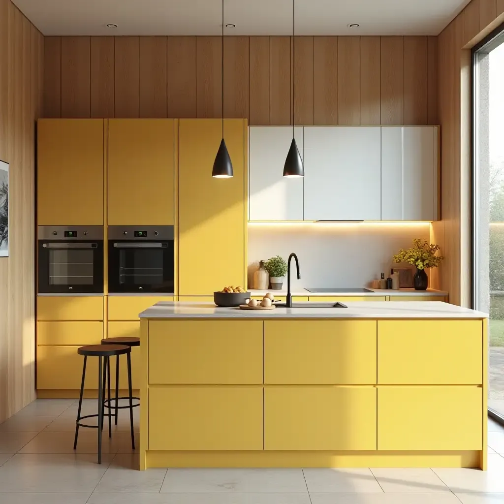 a photo of a kitchen with wooden accents and bright colors