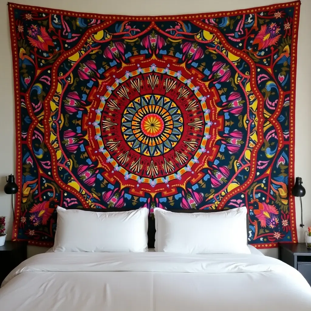 a photo of a vibrant, colorful tapestry hanging over the bed