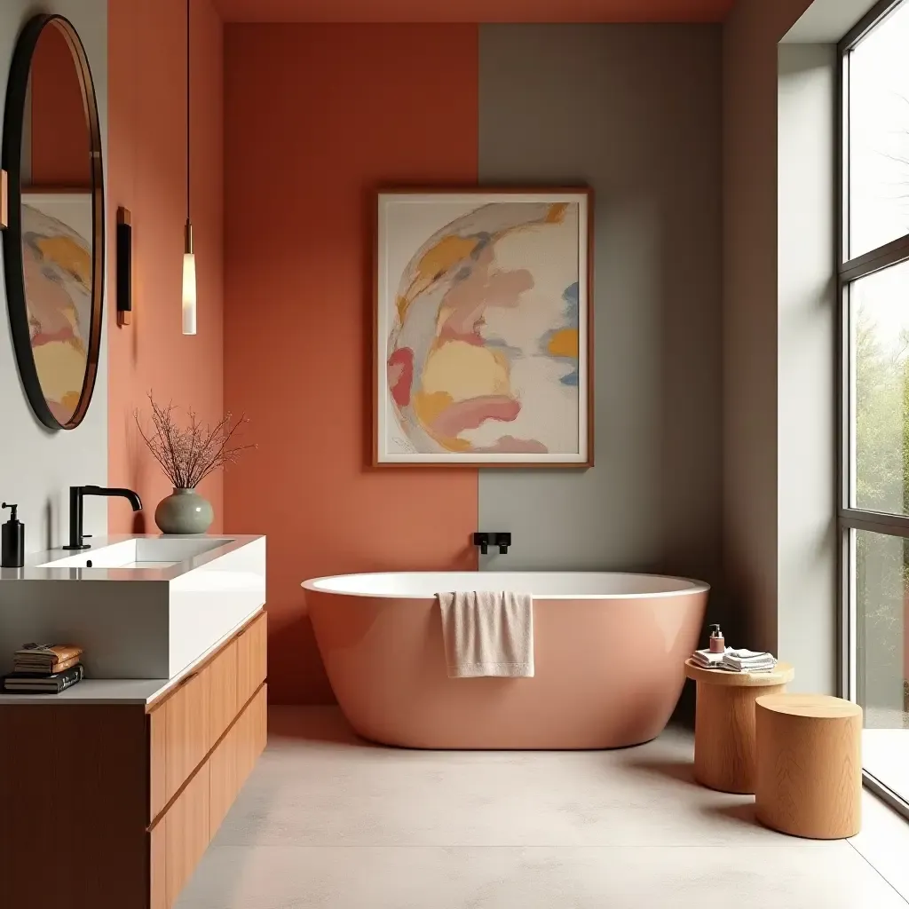 a photo of a stylish bathroom with a bold color palette and artistic elements