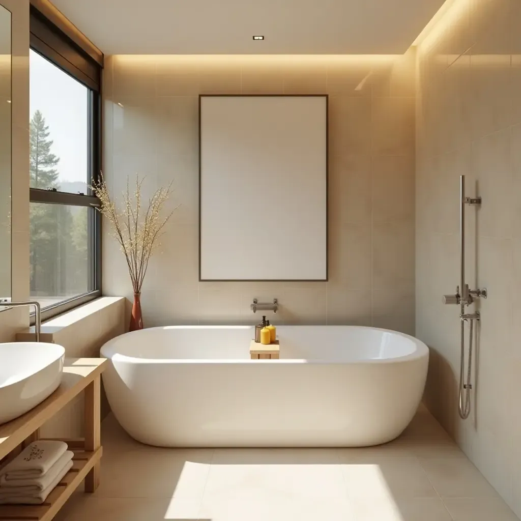 a photo of a small bathroom with a spa-like atmosphere and calming colors