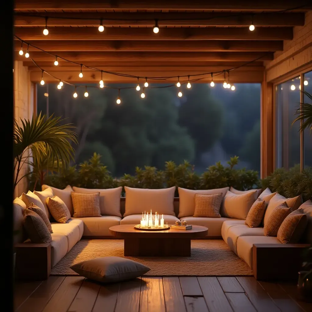 a photo of a cozy balcony seating area with soft cushions and warm lighting