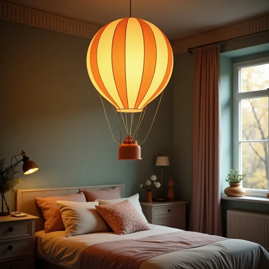 a photo of a pendant light resembling a hot air balloon in a whimsical bedroom