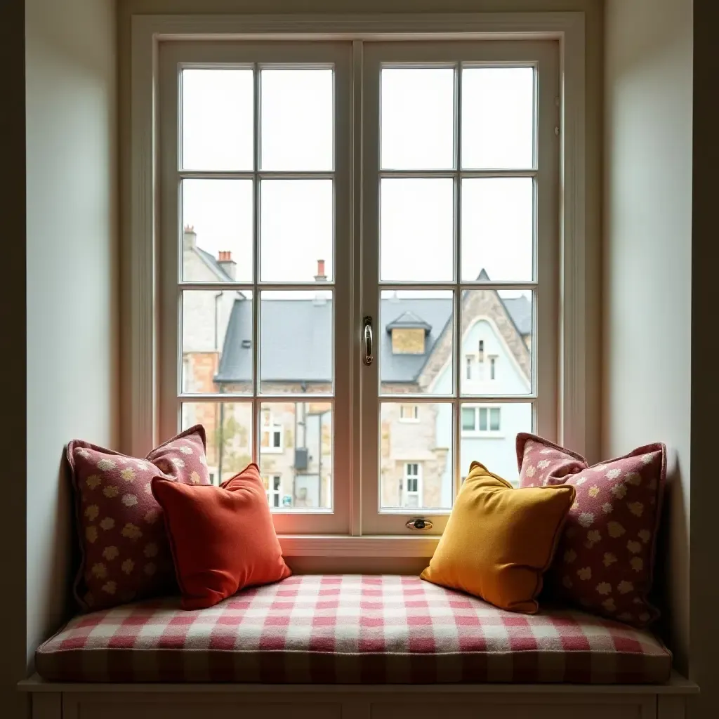 a photo of a cozy, colorful window seat with cushions