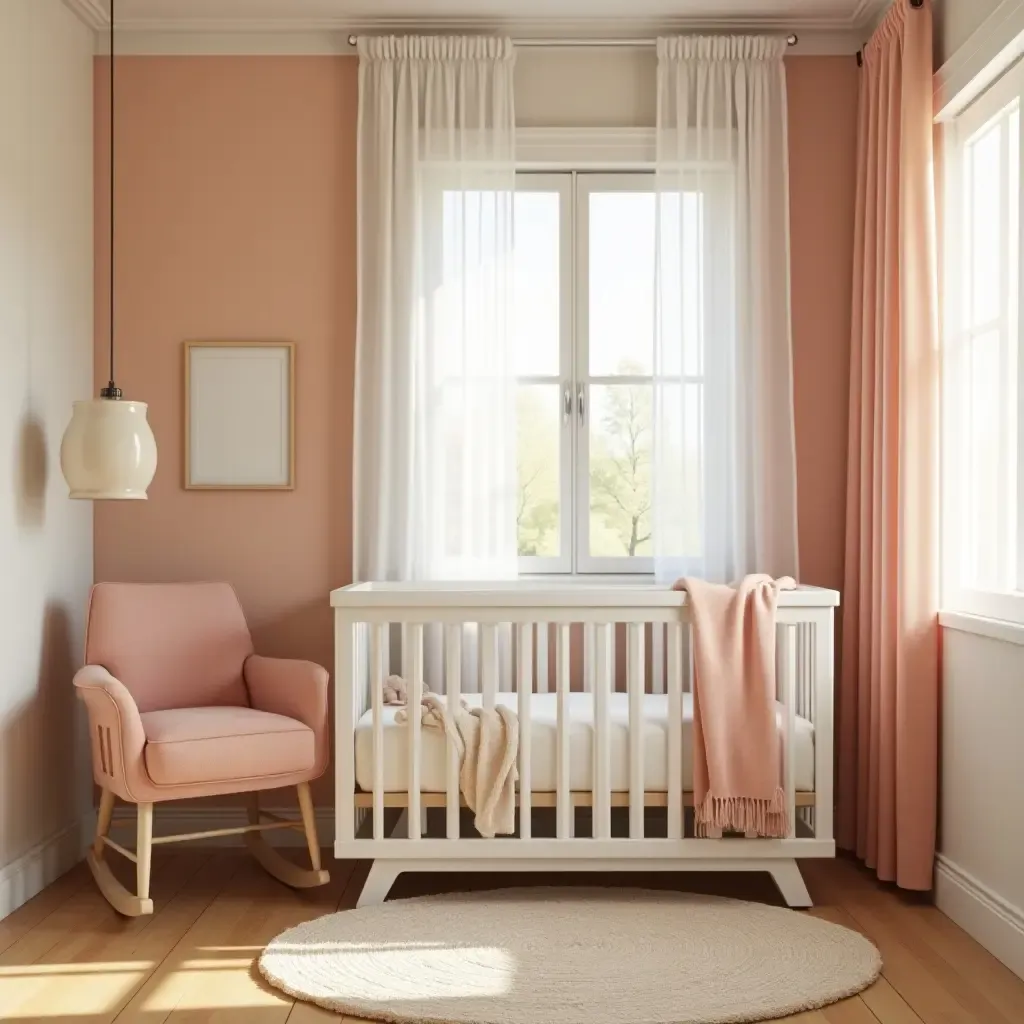 a photo of a nursery with a cozy glider and warm, inviting colors