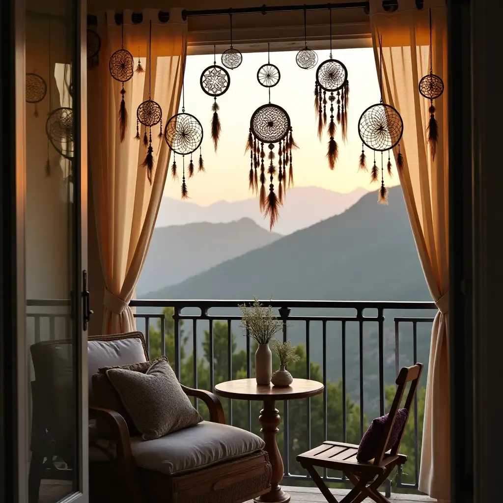 a photo of a balcony decorated with a collection of dreamcatchers