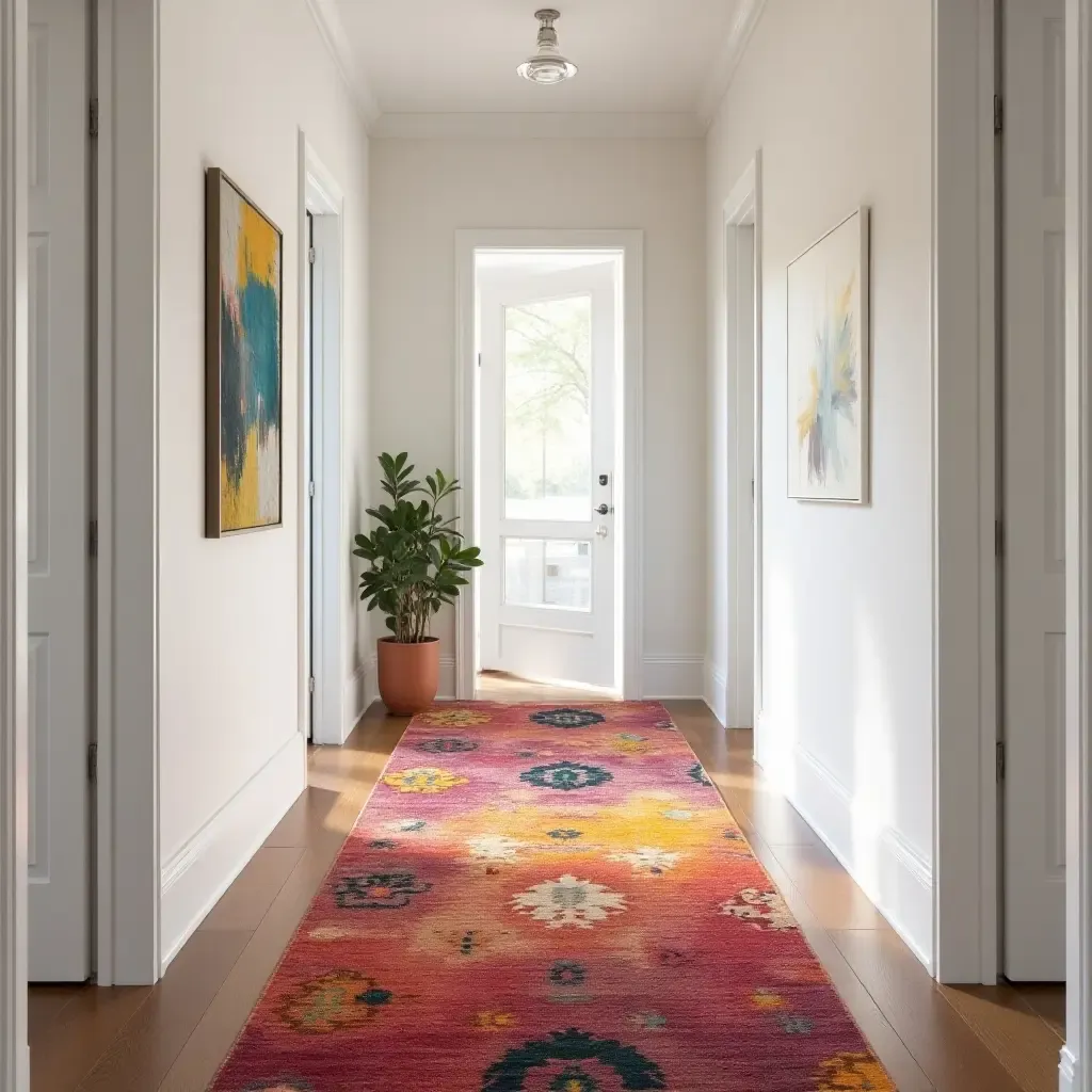 a photo of a colorful runner rug adding vibrancy to a corridor