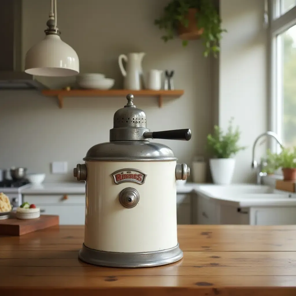 a photo of a vintage ice cream maker in a chic kitchen