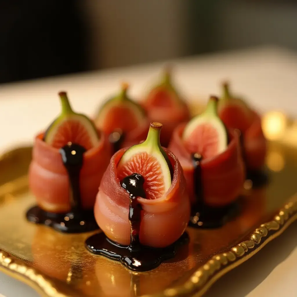 a photo of innovative Spanish tapas with Iberian ham-wrapped figs and balsamic glaze on a gold plate.