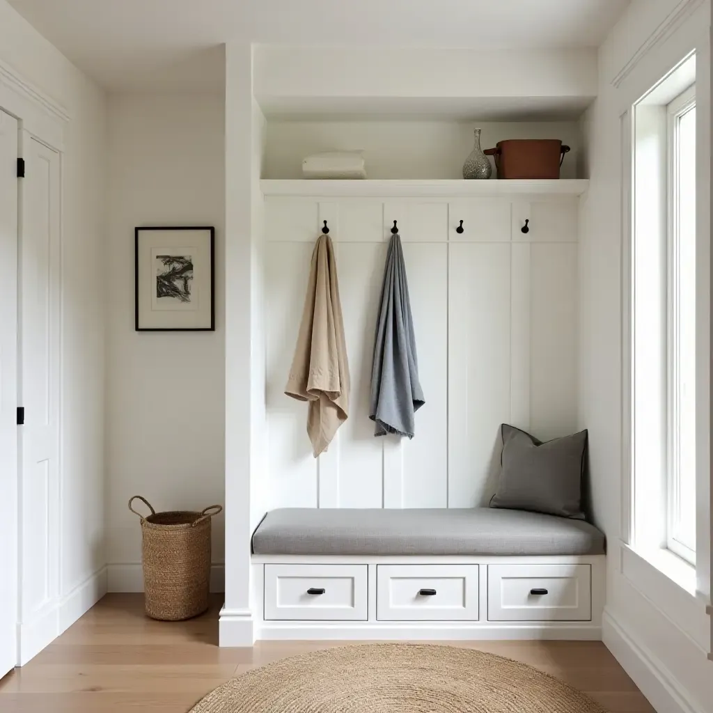 a photo of a chic entryway with built-in storage benches and coat hooks