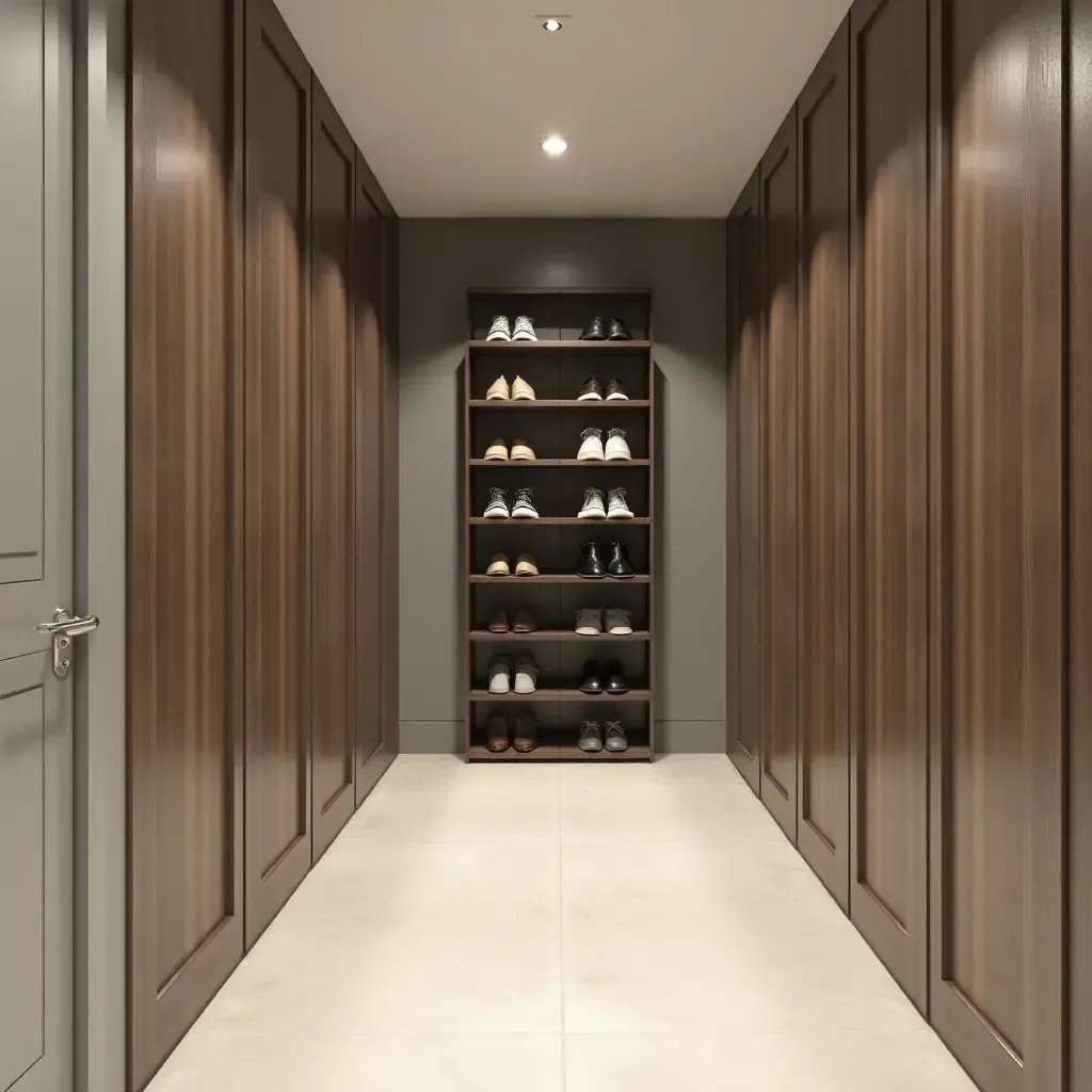 a photo of a narrow corridor with a modern shoe rack