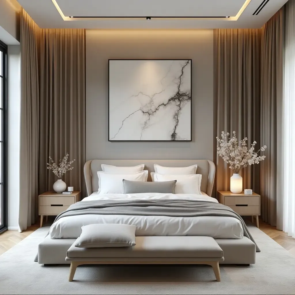 a photo of a contemporary bedroom showcasing marble art pieces