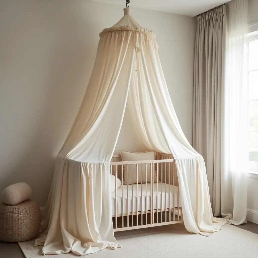 a photo of an elegant nursery with a silk canopy draped over a crib