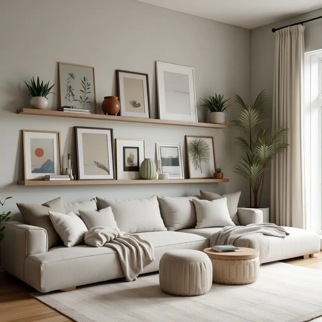 a photo of a cozy living room featuring open shelves with curated art pieces