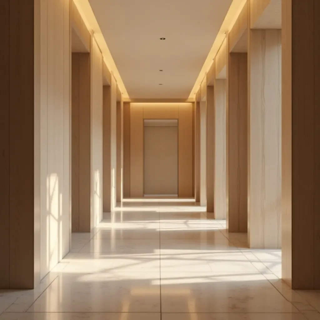 a photo of a serene corridor with soft lighting and calming decor