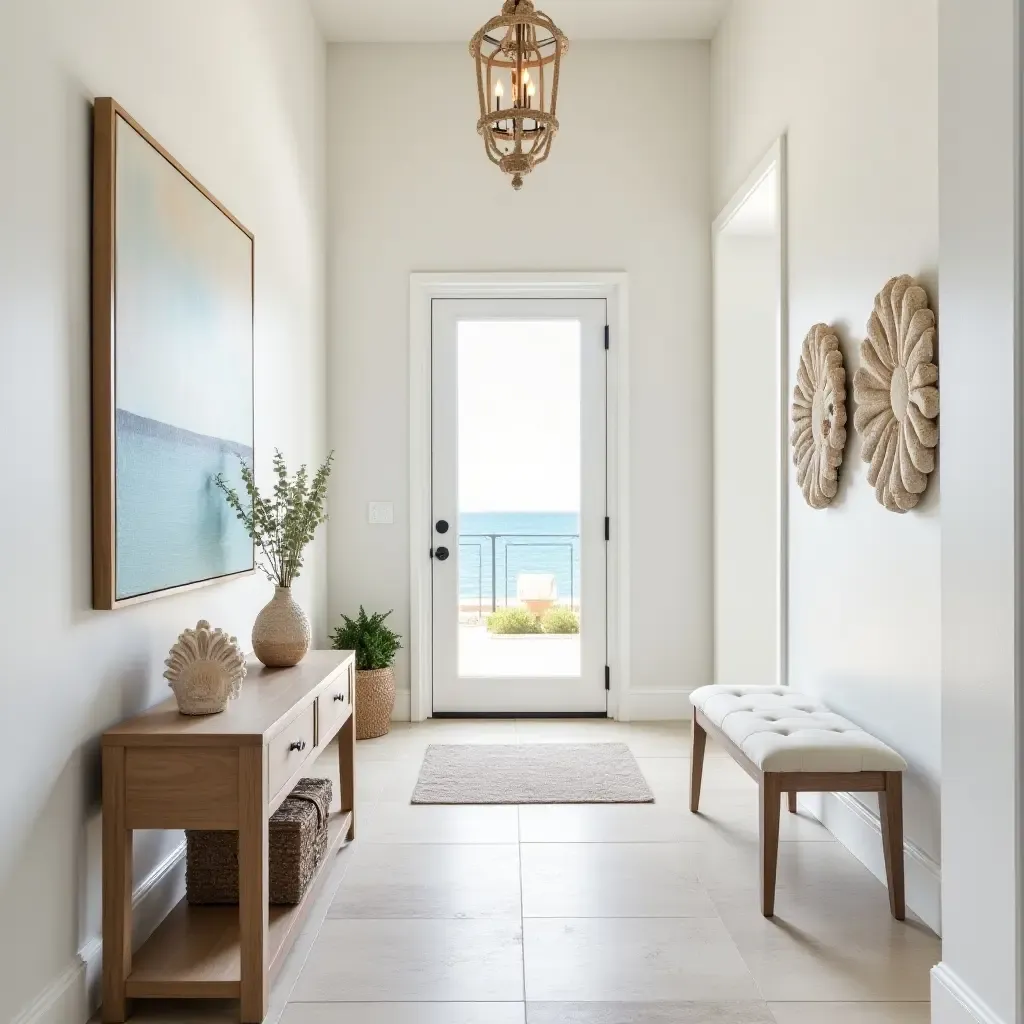 a photo of a Mediterranean-themed entryway with seashell decorations and coastal art