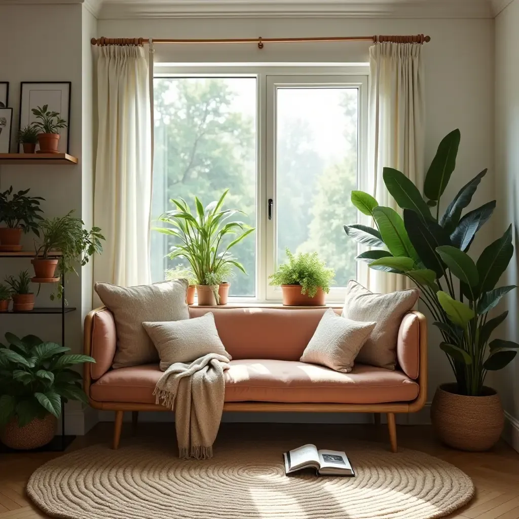 a photo of a cozy reading nook with indoor plants