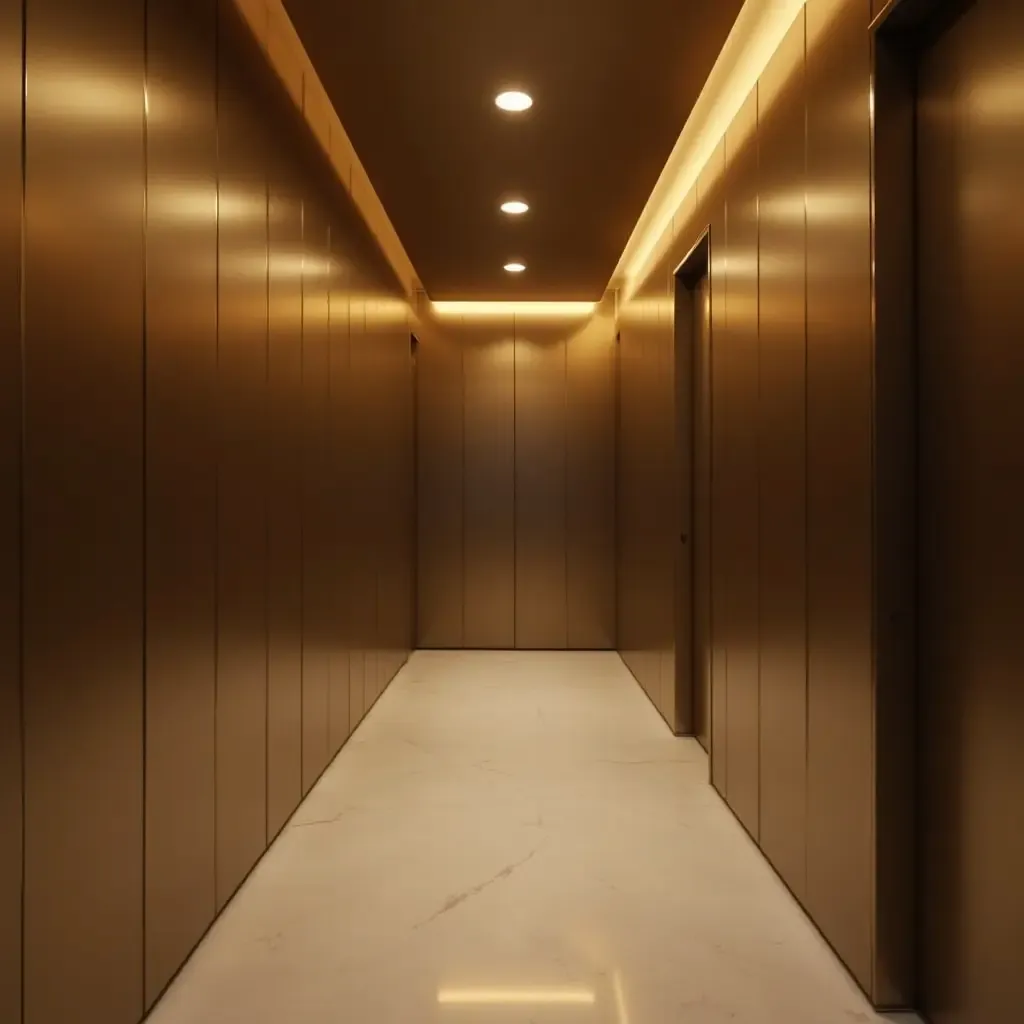 a photo of a corridor with metallic wall panels and elegant, ambient lighting