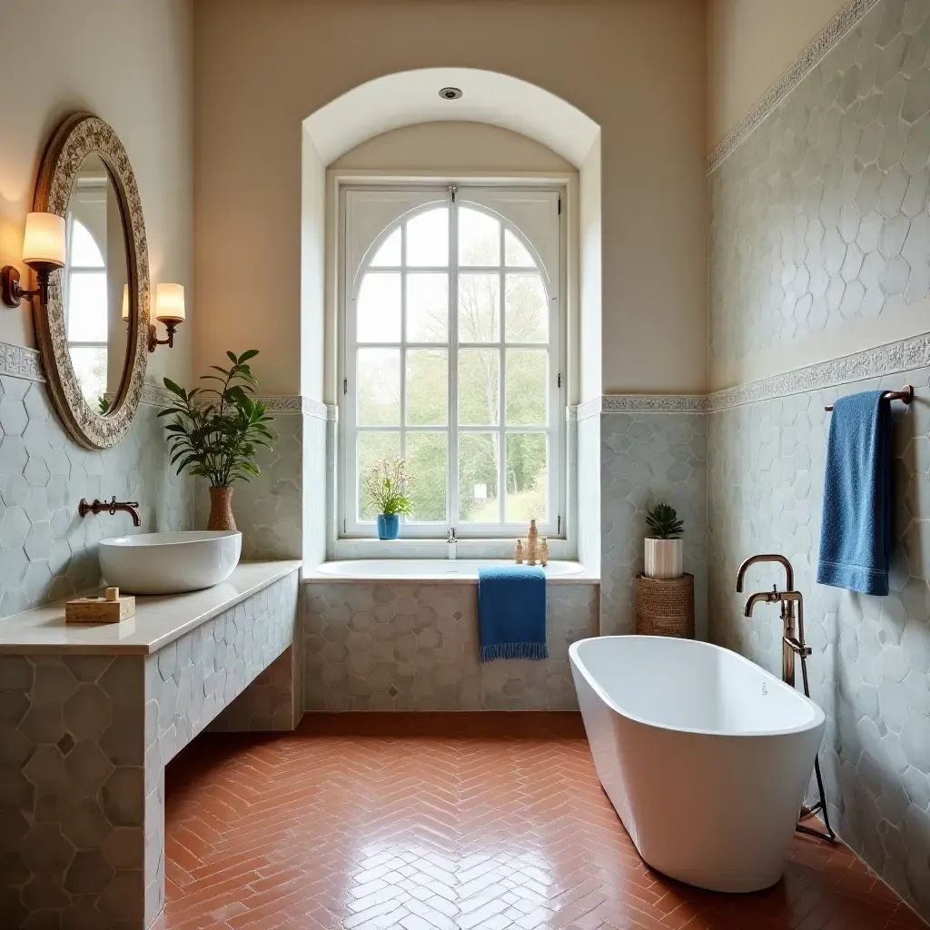 a photo of a Mediterranean-inspired bathroom with terracotta tiles and blue accents