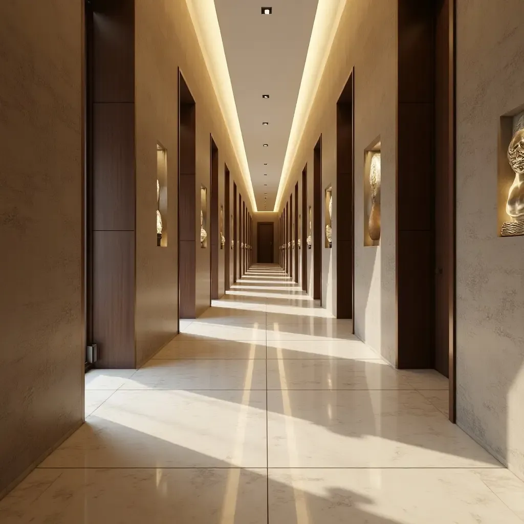 a photo of a modern corridor featuring artistic sculptures