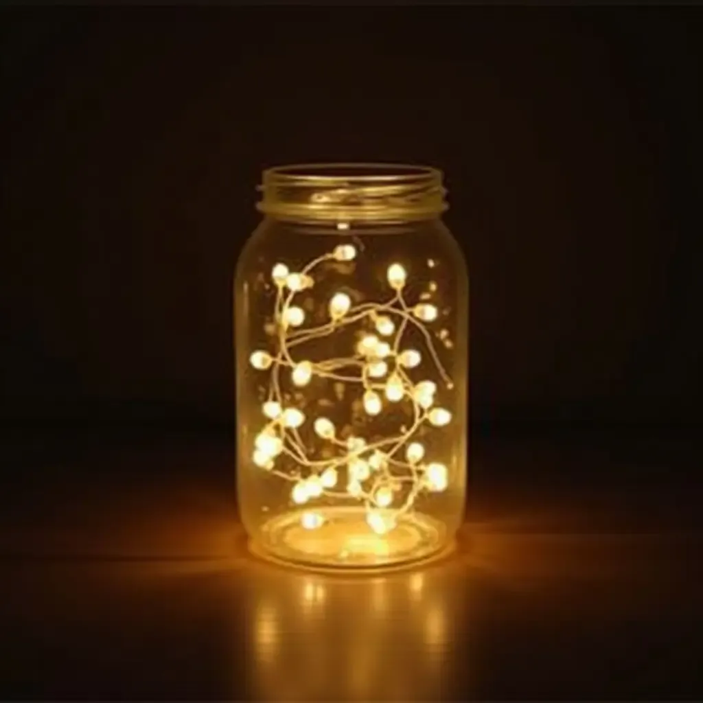 a photo of a whimsical centerpiece with fairy lights in a jar