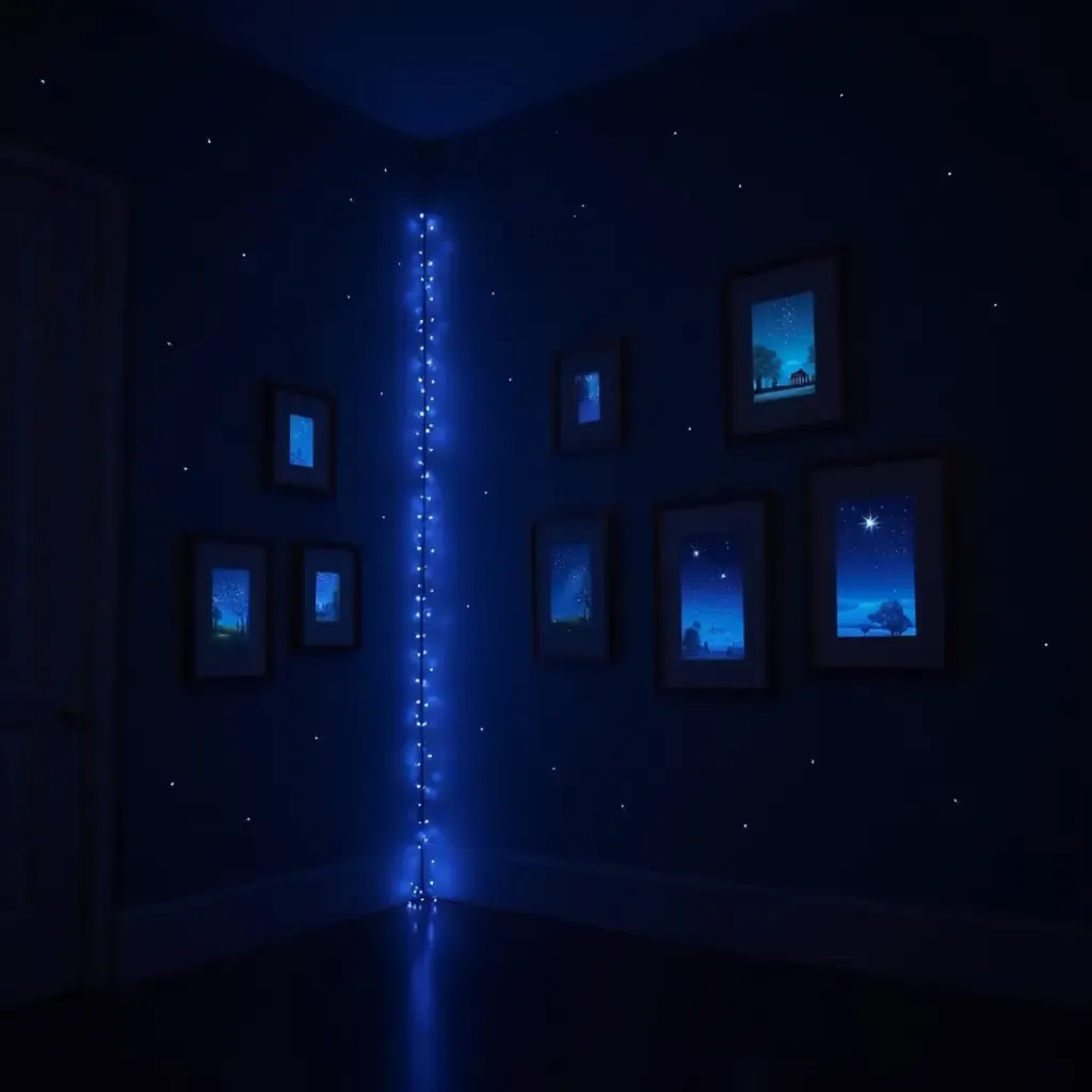 a photo of a starry night-themed gallery wall with glow-in-the-dark elements