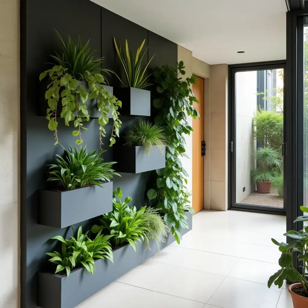 a photo of a minimalist garden wall with geometric planters in a hallway