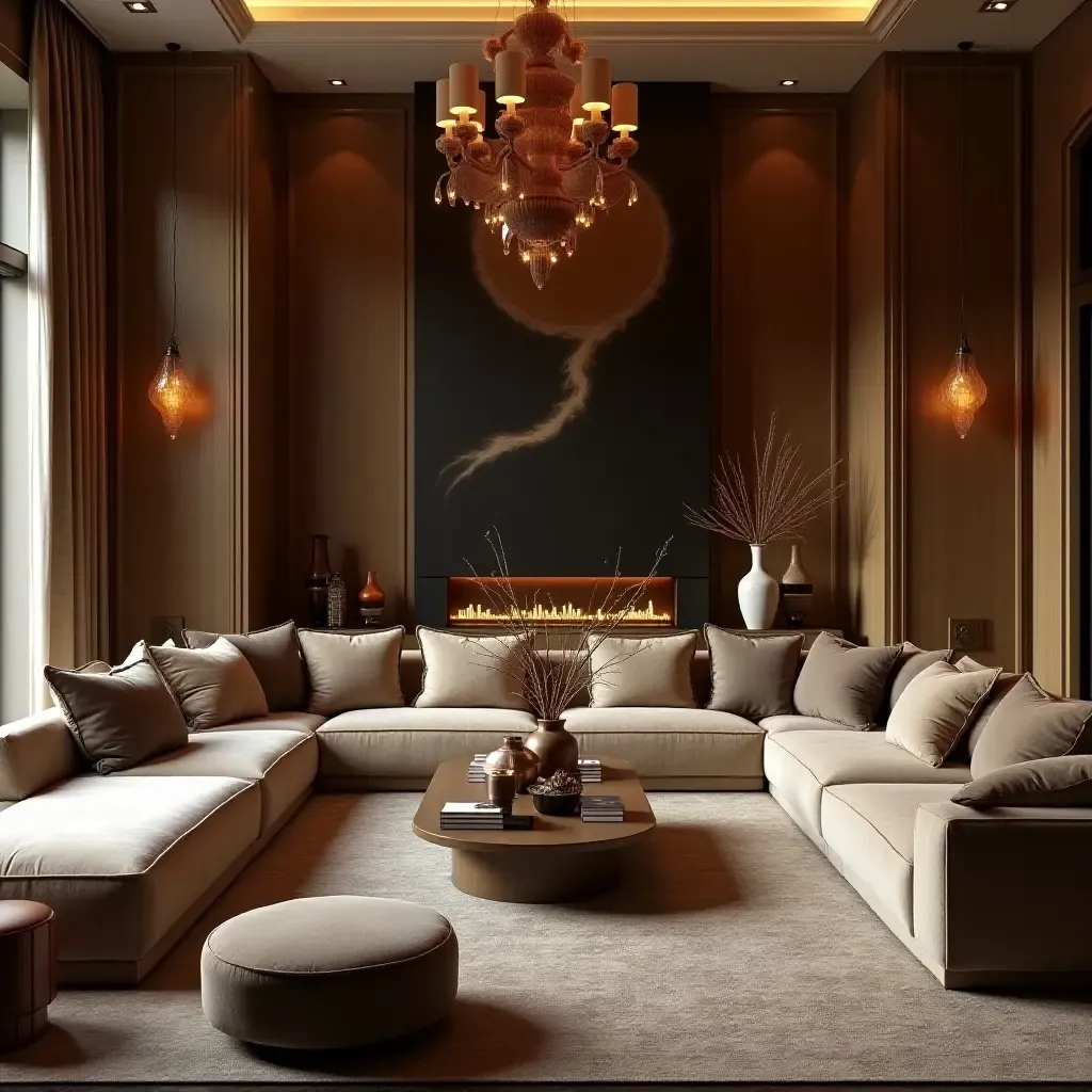 a photo of a luxurious living room with plush furniture and elegant lighting